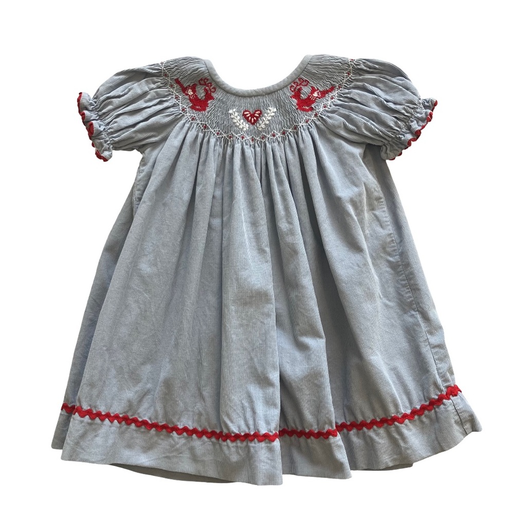 Southern Tots Smocked Bishop Dress Corduroy Blue Red Reindeer Christmas 18M